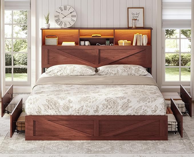 AOGLLATI Farmhouse Queen Bed Frame with 4 Storage Drawers and Led Lights, Wooden Bed Frame Queen Size with Hidden Space Bookcase Headboard and Led Lights & Metal Slats, Mahogany