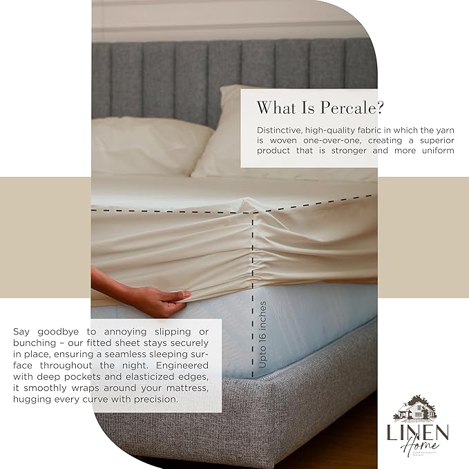 Linen Home 100% Cotton Percale Sheets King Size, Light Taupe, Deep Pocket, 4 Pieces Set - 1 Flat, 1 Deep Pocket Fitted Sheet and 2 Pillowcases, Crisp Cool and Strong Bed Linen