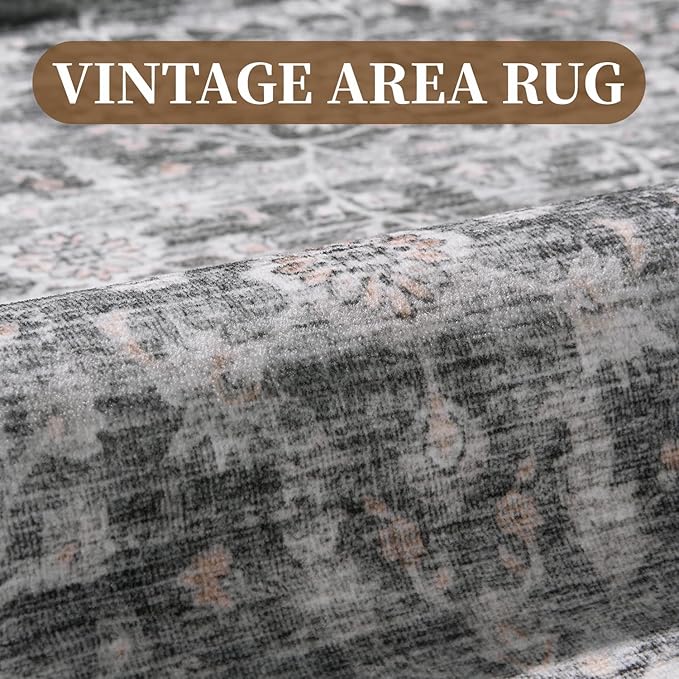 MontVoo-Vintage Area Rug 6X9 Grey Rugs for Living Room-Soft Distressed Printed Rugs for Bedroom-Non Slip Carpet-Machine Washable Rug for Dining Room Living Room Bedside Office