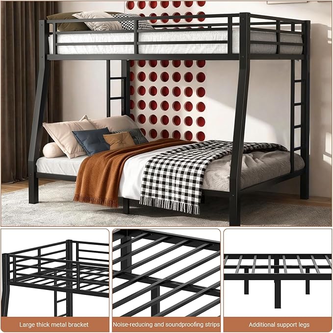 Full XL Over Queen Bunk Bed Frame, Heavy Duty Metal Loft Bed for Adults/Teens, 400/600LB Capacity w/Ladder & Guardrail, Noise-Free Steel Slats, No Box Spring Required, Black