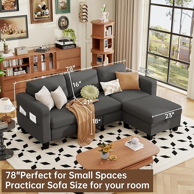 ZeeFu Sectional and Sofa Couches for Living Room - 78'' 3 Seater L-Shaped Modular Couch with Storage Ottoman - Modern Linen Fabric Upholstered Sofa Set for Small Space Apartment Office
