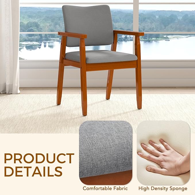 thksbought Mid Century Modern Walnut Dining Chairs Wood Arm Grey Fabric Kitchen Cafe Living Room Decor Furniture