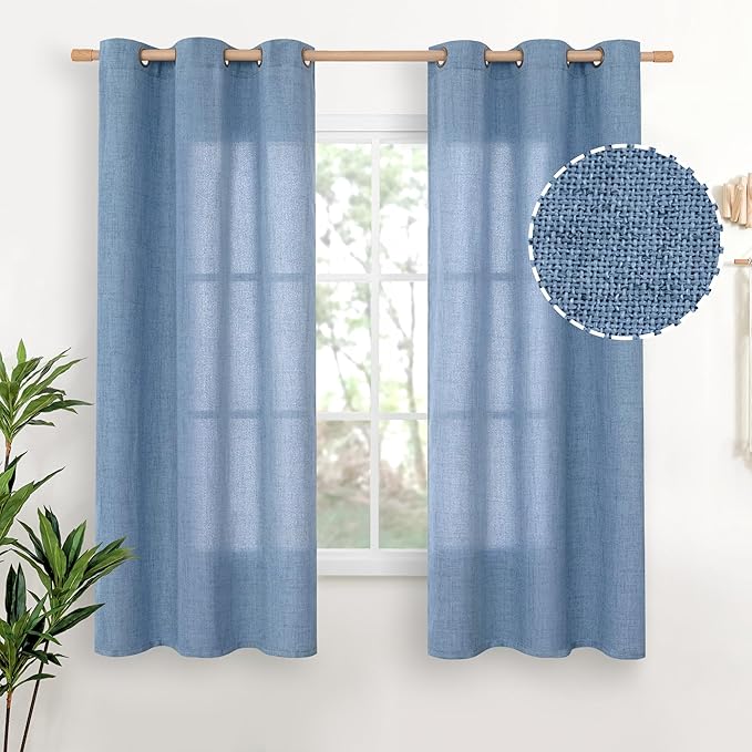 YoungsTex Blue Linen Curtains 63 Inches Long 2 Panels for Window - Textured Short Light Filtering Drapes with Bronze Grommet for Living Room Bedroom Privacy Lightweight, 42 x 63 Inch