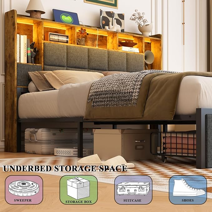 LED Bed Frame Full Size with Bookshelf Headboard, 2 Hidden Storage Drawers, Upholstered Platform Metal Bed Frame with Charging Station, Metal Slats Support, Noise Free, No Box Spring Needed