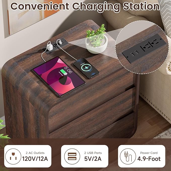 Walnut Nightstand with Charging Station, Modern Curved End Table with 3 Drawers, 25" Tall Wood Bedside Table, Mid Century Night Stand for Bedroom, Dorm, Sofa, Office