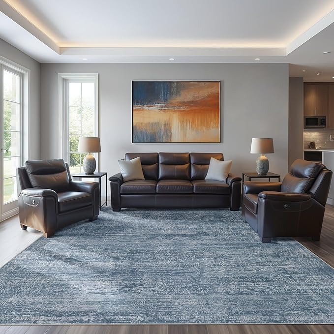 Area Rug Living Room Rugs - 8x10 Washable Large Soft Indoor Neutral Modern Abstract Low Pile Rug Carpet for Bedroom Dining Room Farmhouse Home Office - Dark Blue