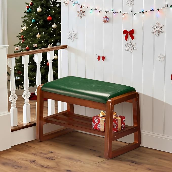 HABUTWAY Solid Wood Shoe Rack, Entryway Shoe Bench with Cushion, 2 Tier Shoes Organizer for Entryway, Hallway, Living Room-(Green,21.65"-S)