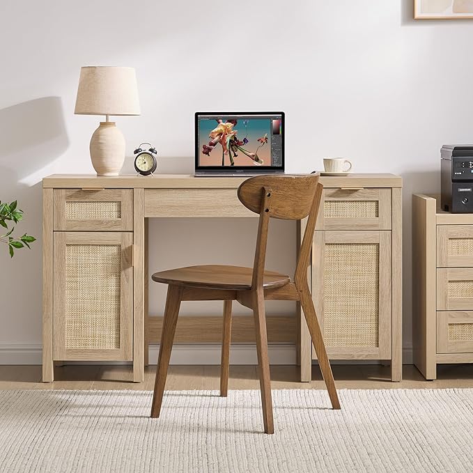 SICOTAS 2 Pieces Rattan Vanity Home Office Desk - Big Boho Makeup Vanities Benches with Drawers & Storage Cabinets, Dressing Vanity Table for Makeup Room, Bedroom, Home Office, Light Oak