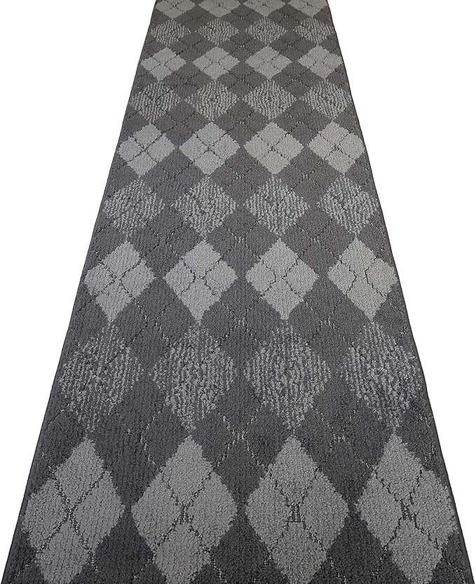 Custom Length Hallway Runner Rug,Slip Resistant,Squares Anthracite, 26 Inch X 5 feet, Sold and Priced Per Foot