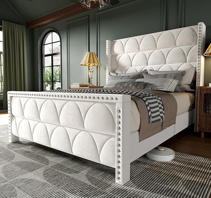 Queen Size Bed Frame with 56" Headboard - Velvet Upholstered Wingback Platform Bed Frame, Noise Free, Sturdy Wooden Slat Support (Cream, Queen)