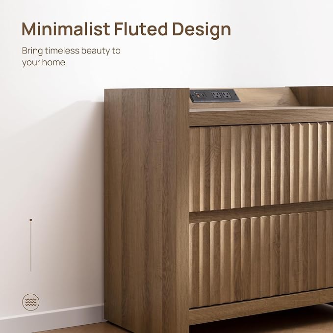 SICOTAS Night Stand Fluted Nightstands with Charging Station- Modern 2 Drawers Nightstand 25" Tall Bedside Table End Table, Large Night Stands for Bedroom, Living Room Sofa Side (Caramel Oak, 1 Piece)