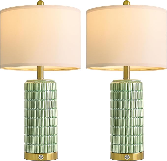 PoKat 25'' Bedside Table Lamps Set of 2 for Living Room with USB A&C Ports, Touch Lamps with 3-Way Dimmable Control for Bedroom, Farmhouse Green Lamps for Nightstand Office Hallway (Bulbs Included)