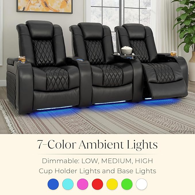 Seatcraft Diamante Zero-Gravity CoolZero Italian Leather Home Theater Seating, Power Headrest, Power Recline, Row of 5 Sofa, Black