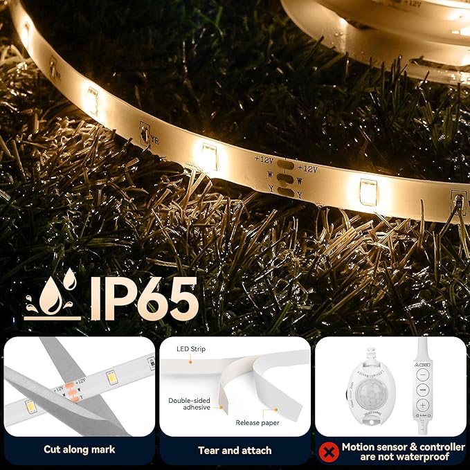 Motion Sensor Under Bed Lights, 2x6.56ft 3000K-6500K White Motion Activtaed LED Strip Lights with Auto-Off Timer, IP65 Waterproof Motion Sensor LED Light Strip for Bedroom Cabinet Stair Closet Mirror