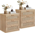 LEYAOYAO Rattan Night Stand with Drawers, 23" Large 3 Drawer Boho Nightstand, Natural Wood Bedside Table Storage Cabinet, Bed Side End Tables Dresser for Bedroom, Living Room, Hallway, Closet