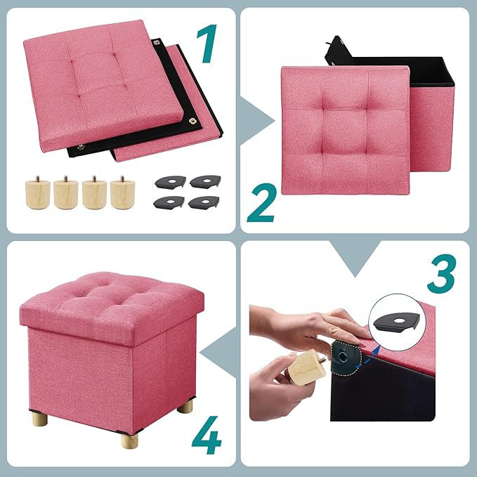 BRIAN & DANY Ottoman with Storage, Small Storage Ottoman for Dorm, Linen Folding Ottoman Foot Stool with Legs for Living Room and Bedroom, 15"x15"x15" - Hot Pink