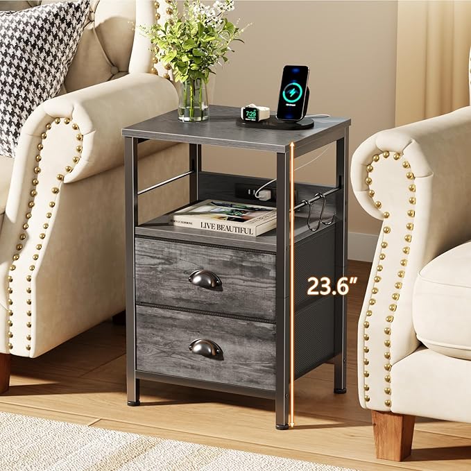 Furologee Nightstand with Charging Station, Night Stand with 2 Fabric Drawers, Side Table with USB Ports, End Table with Storage Shelf, for Living Room/Bedroom, Grey