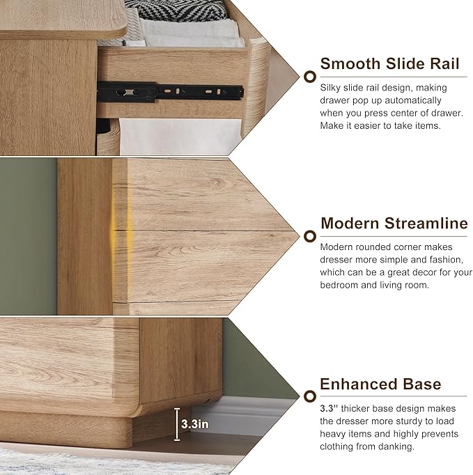 ACCOHOHO Modern 5 Drawer Dresser for Bedroom, 42" Tall Wooden Dressers with Large Storage,Handleless Chest of Drawers for Living Room & Hallway, Curved Profile Design, Natural Oak