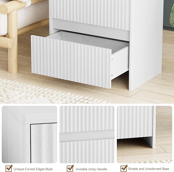 Set of 2 Fluted Nightstand, 23" Wide Bedside Table with 2 Storage Drawers, Modern Night Stand for Bedroom, White