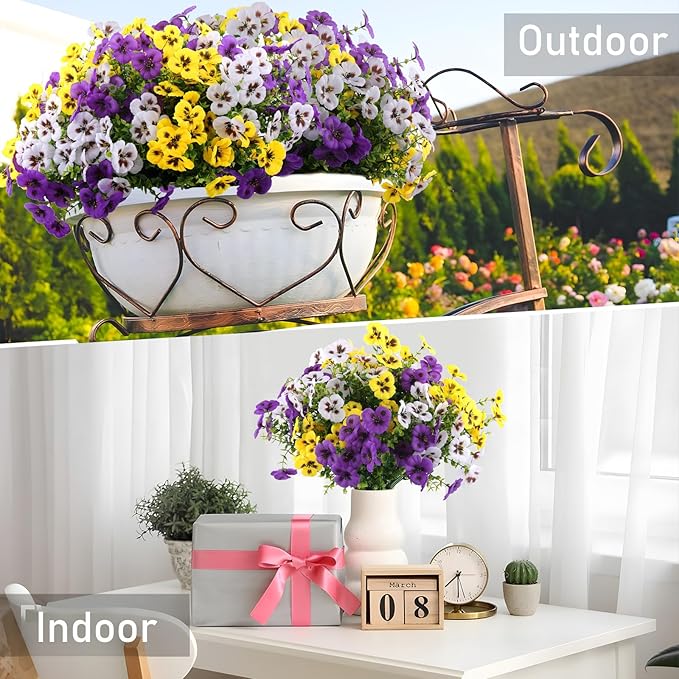 18 Pcs Artificial Fake Pansy Flowers for Outdoor, Faux Silk Pansies Spring Flowers for Outside for Planter Front Door Porch Yard Patio Window Box Home Decor (18, Purple, Yellow, White)