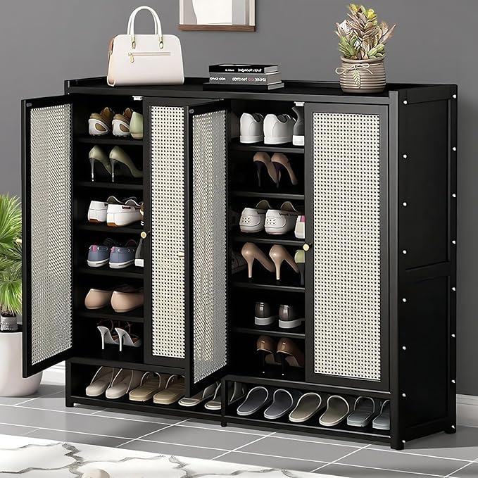 Bamboo Shoe Cabinet, 36-40 Pairs 8 Tier Shoe Rack with Doors, Freestangding Shoe Cabinet Organizer with Shelves, 43" Tall Shoe Rack Organizer for Entryway, Closet, Hallway