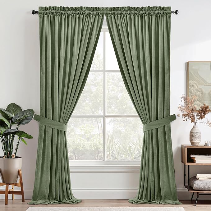 StangH Sage Green Velvet Curtains for Bedroom, Super Soft Thermal Insulated Curtains Privacy Protection Room Darkening Drapes for Living Room/Nursery Kids, W52 x L96, 2 Panels