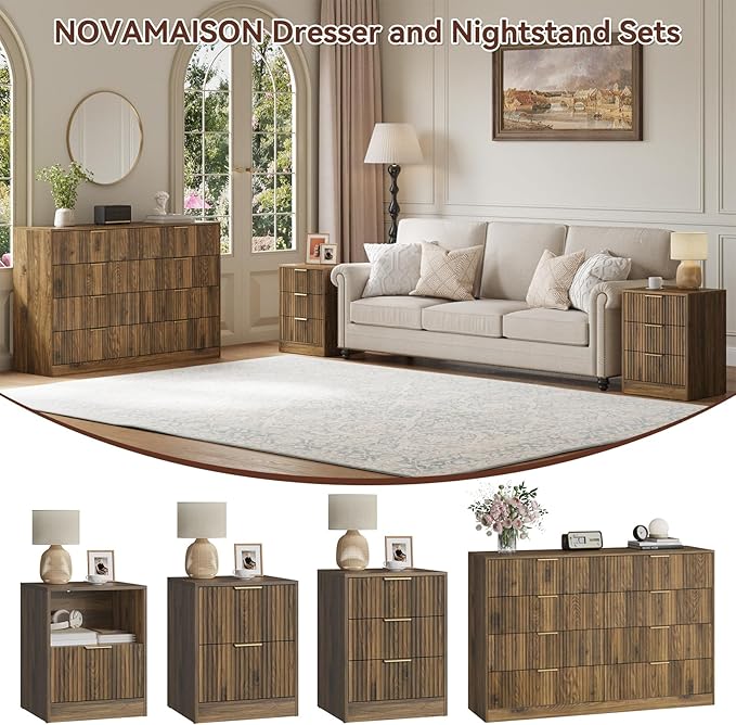 8 Drawer Dresser & 3 Drawer Nightstand Set 3-Piece, Tall Fluted Dresser and Night Stand Set of 2 with Metal Handle, Modern Wood Chest of Drawers Storage Dressers Set for Bedroom, Walnut