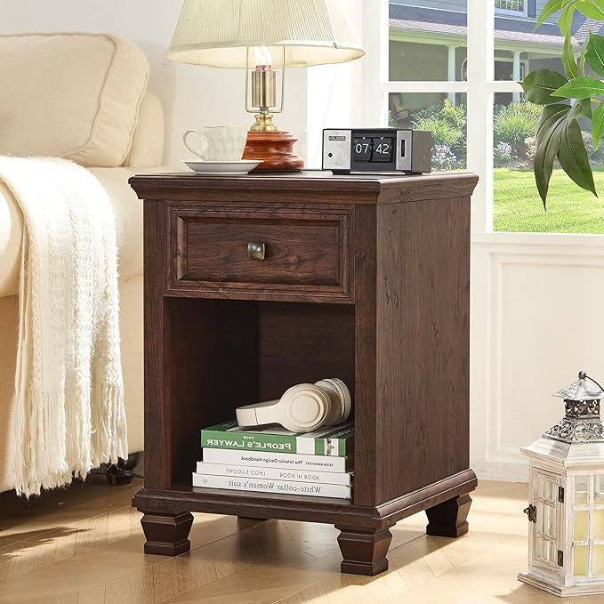 SAVOR LIFE Farmhouse End Tables Living Room Set of 2, Rustic Wood Nightstand with 1 Drawer, Brown Bedside Table with Open Shelf for Bed Room, Side Tables for Living Room, Walnut
