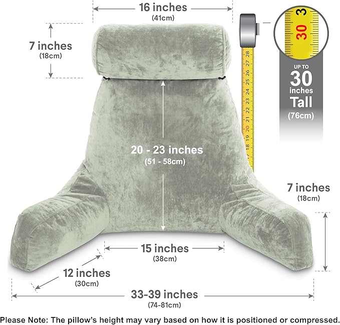 Husband Pillow XXL Reading Pillow for Bed Backrest with Arms - Desert Sage Adult - Unmatched Support Pillow for Sitting Up in Bed - Shredded Memory Foam Comfy Microplush Cover & Detachable Neck Roll