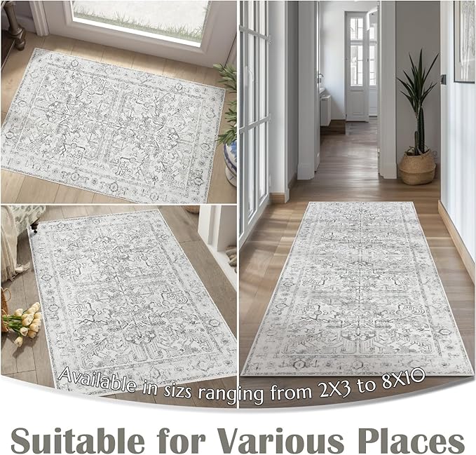 jinchan Lima 2x3 Washable Rug for Entryway - Vintage Floral Ultra-Thin Low Pile Soft Small Non Slip Distressed Indoor Door mat Accent Area Rug for Entrance Kitchen Bathroom Bedroom (2x3ft, Grey)