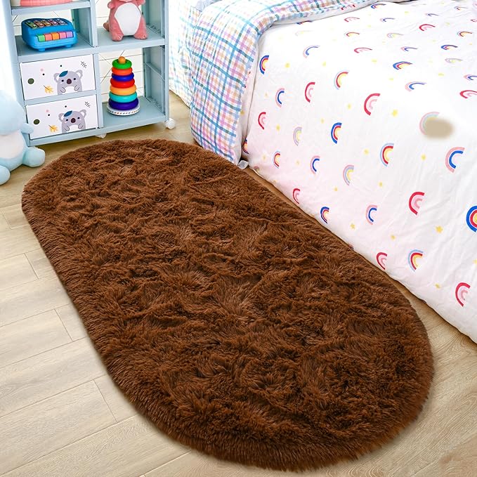 Noahas Fluffy Brown Rugs for Bedroom Living Room,2.6'X5.3' Oval Throw Rug for Kids Room,Shag Hallway Runner Rug,Small Soft Shaggy Bedside Non-Slip Plush Nursery Dorm Carpet Home Decor Aesthetic