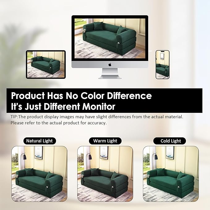 80" Convertible Sofa Bed, Corduroy Deep Seat Folding Pull Out Couch with Pillows, No Assembly Modern Boneless Couch Compression Sofa in Box, Floor Sofa with Storage Pocket for Living Room,Dark Green