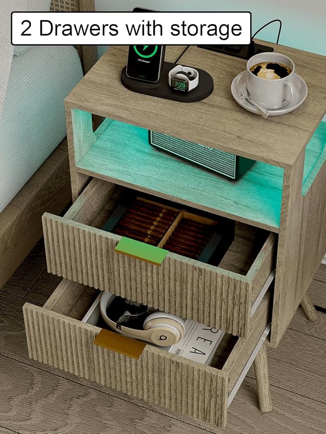 Nightstand with Charging Station and LED Lights, Modern Bedside Table with 2 Storage Drawer and Open Wood Shelf for Bedroom and Small Spaces, Night Stand with Solid Wood Legs