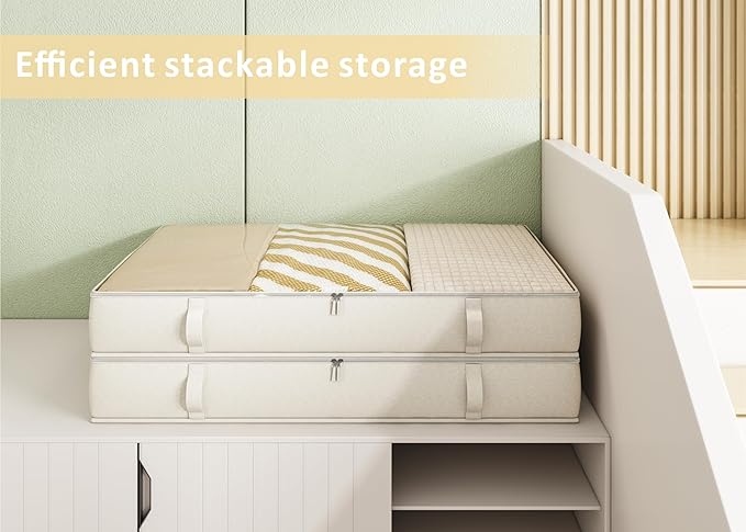Vailando Under Bed Storage Containers, 6 Inches Tall 60L Underbed Storage Bins with Sturdy Handles and Sidewalls, Closet Organizer for Clothes, Blankets, Seasonal Items, Beige, 2-Pack