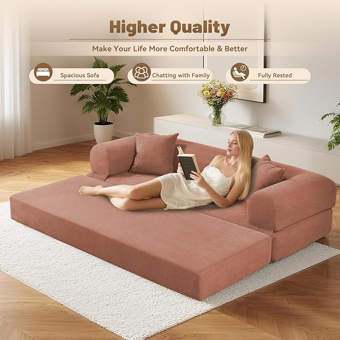 80" Convertible Sofa Bed,Corduroy Folding Sleeper Sofa Bed Queen with Pillows & Storage,Modular Pull Out Couches Boneless Couch for Living Room,Compressed Couch in a Box,Pink
