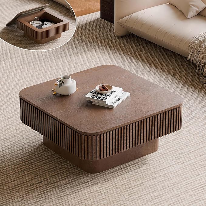 Square Small Coffee Table with Storage, Modern Wooden Coffee Table with Solid Wood Veneered, Fluted Center Table Drum Tea Table for Living Room Apartment, 31.5''L×31.5''W×14''H