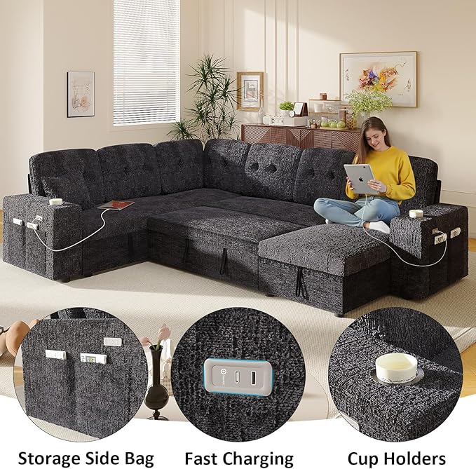 Modular Sectional Sleeper Sofa with Pull Out Bed, U Shaped 7 Seat Sectional Couches for Living Room, 108 Inch Sofa Bed with Adjustable Backrest | Hidden Storage | Wide Armrest | Navy Blue