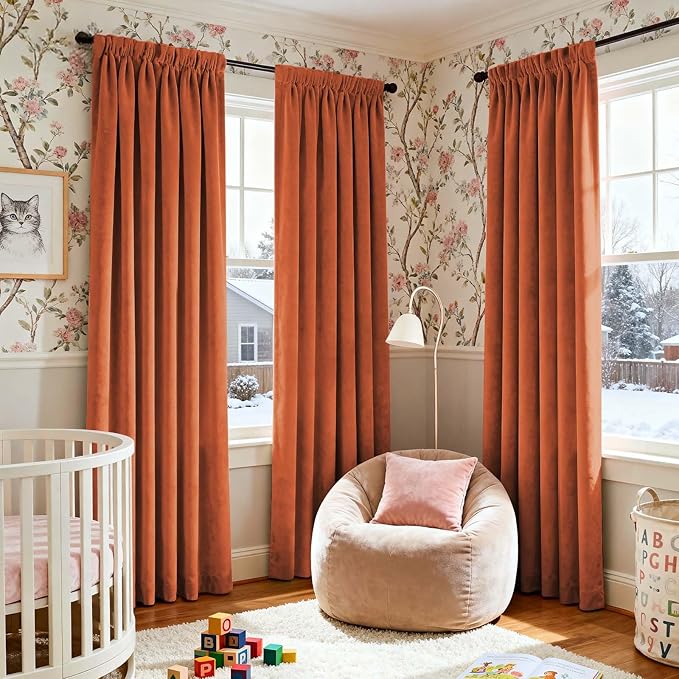 Lazzzy Velvet Blackout Curtains Thermal Insulated Room Window Drapes Super Soft Luxury Curtains for Living Room Bedroom Rod Pocket 2 Panels, Pumpkin, 52" W x 84" L