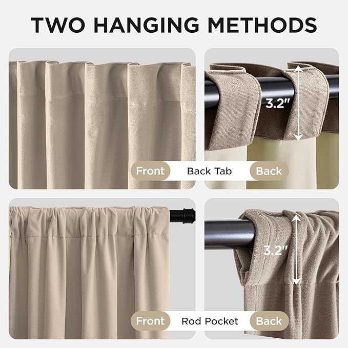 Joydeco Beige 100% Blackout Curtains 72 Inch 2 Panels, Luxury Thermal Beige Velvet Curtains for Bedroom Living Room, Soundproof Blackout Window Drapes, Rod Pocket & Back Tab (52W x 72L)