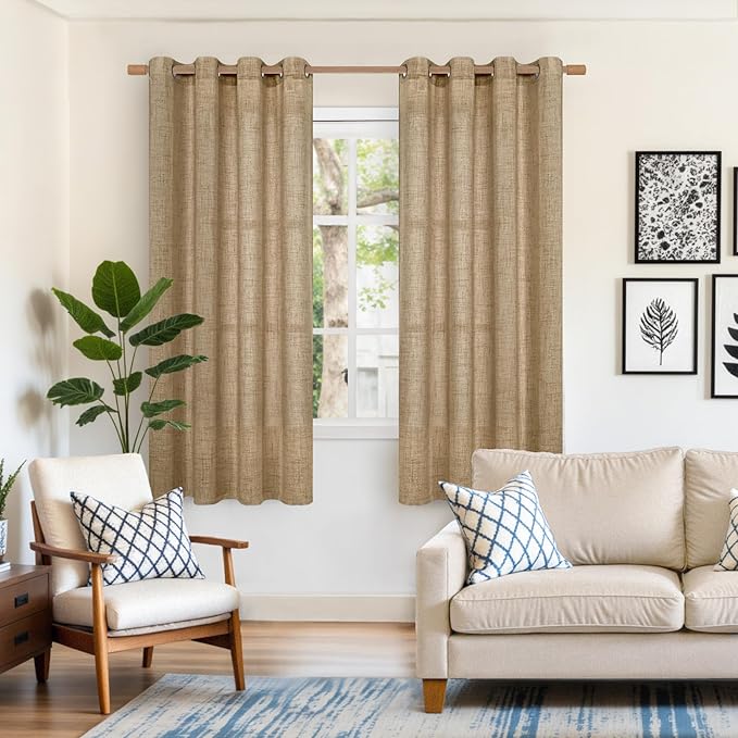 YoungsTex Burlap Toffee Curtains 68 Inch Length for Living Room, Linen Sheer Drapes Taupe Netural with Bronze Grommet Privacy for Bedroom Rustic Farmhouse, 52 x 68 Inch, 2 Panels
