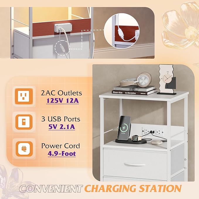 WLIVE White Night Stand with Charging Station, LED Nightstand with 2 Fabric Drawers and Storage Shelf, Dorm Bedside Table End Table with 2 USB Ports and Outlets, Small Dresser for Bedroom