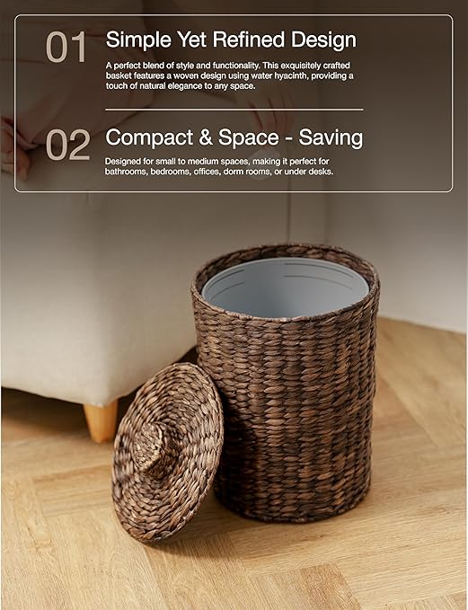 4 Gallons Wicker Waste Basket - Water Hyacinth Bathroom Trash Can - Garbage Can with Lid Boho Style - Wicker Trash Can with Lid for Bedroom, Kitchen - Removable Liner (Black Color)
