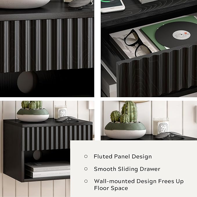 Floating TV Stands Set of 4 with Drawer and Open Shelf, Small Wall Mounted Bedside End Table, Modern Fluted Night Stand for Bedroom, Living Room, Black