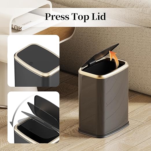 2.1 Gallon Bathroom Trash Can with Lid Press Top, 8 Liter Stainless Steel Garbage Can with Press Type Lid, Slim Trash Bin Waste Basket for Toilet, Office, Bedroom (Titanium Black)