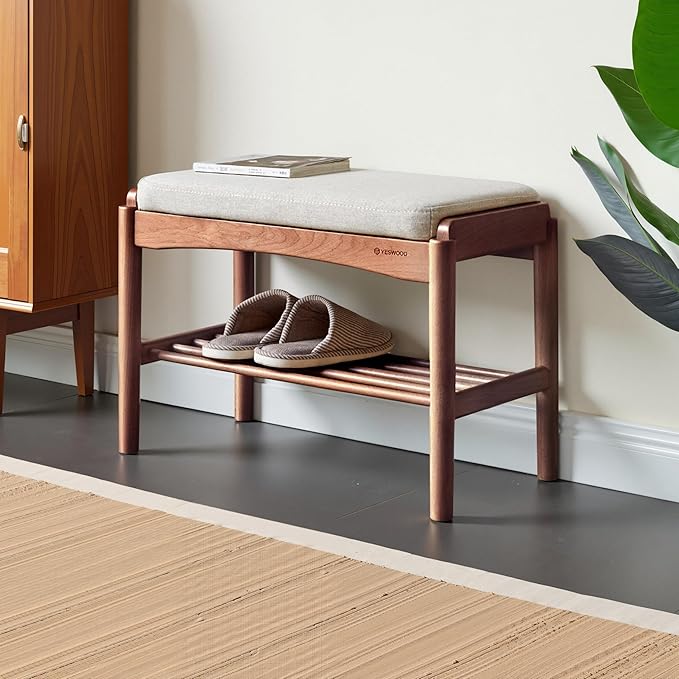Solid Wood Shoe Bench, Shoe Rack Bench Assembled with Cushion for Entryway, Hallway, Bedroom, Living Room, 11.8" x 23.6" x 16.5", Beech Wood, Walnut
