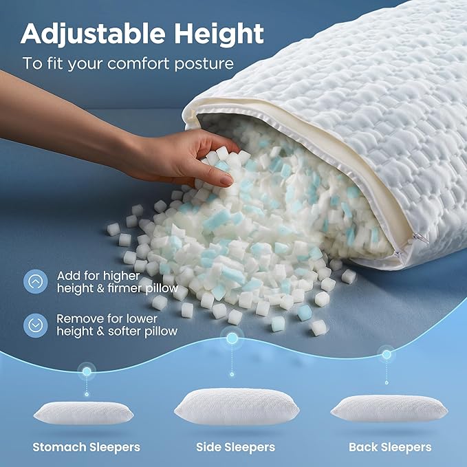 Sophia & William Cooling Bed Pillow for Sleeping (King Size) Adjustable Shredded Memory Foam Pillow for Side, Back and Stomach Sleepeers