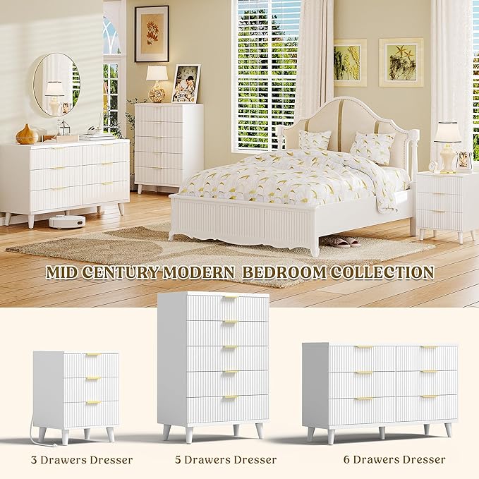 Lulive Wood Nightstand Set of 2 Fluted Dresser for Bedroom 3 Drawers Night Stand with Charging Station, Storage Modern Side Table White