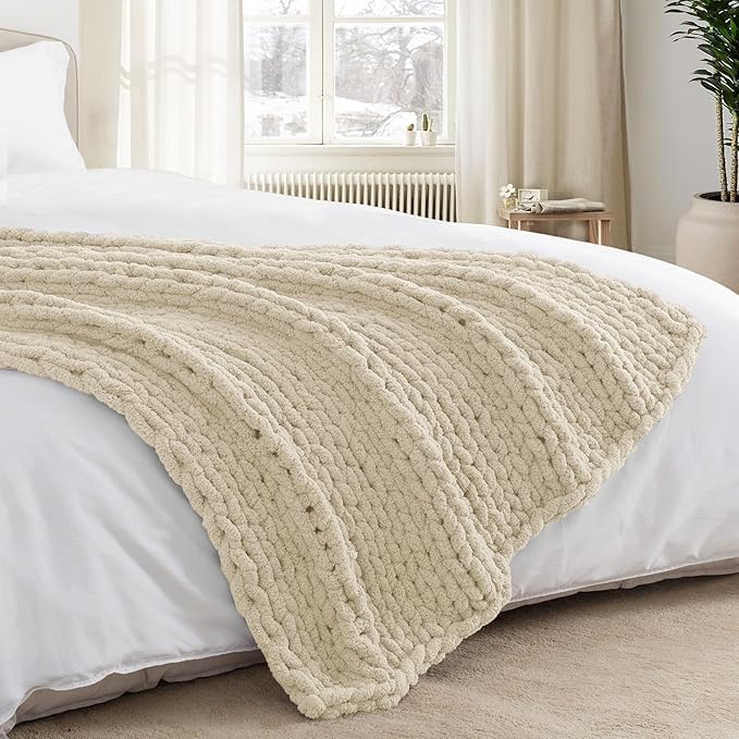 Chunky Knit Throw Blanket 60"X 80", 100% Handmade with Soft Chenille Yarn, 6.7lbs Thick Cable Knitted Blankets, Large Rope Knot Crochet Throws for Couch Sofa Bed Home Decor, Beige