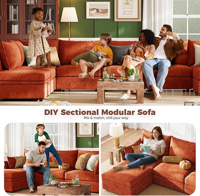 ABCASA 102.6" Luxury Modular Sleeper Sofa Bed 6 Seat Reversible Sectional Couch Deep Seat with Storage Chaises Removable Cover for Living Room, Apartment - Chenille Terracotta Orange