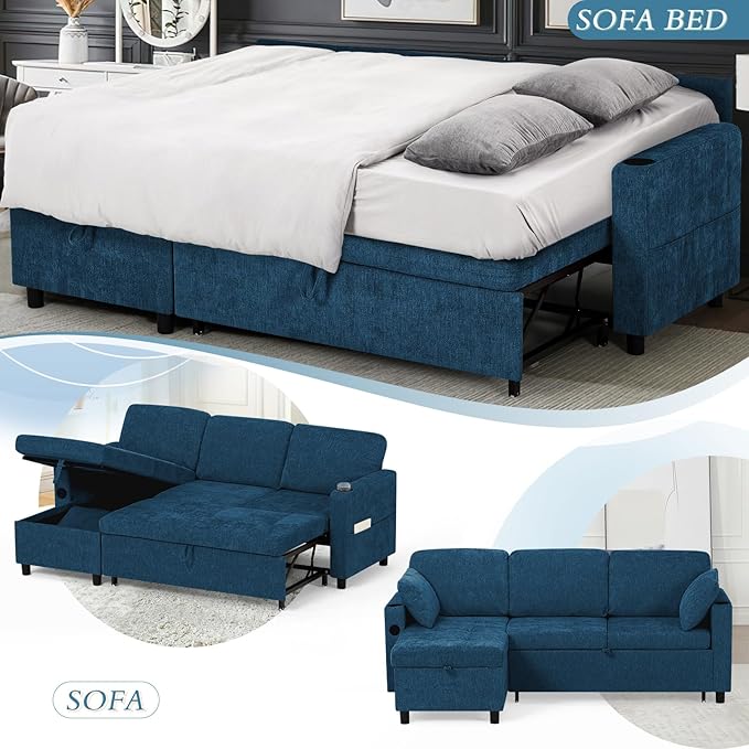84" Chenille Pull Out Sofa Bed w/Adjustable Backrest, L-Shape Modern Sleeper Sofa w/Reversible Chaise, Upholstered Sectional Couch w/USB Port and Side Pockets for Living Room, House, Blue